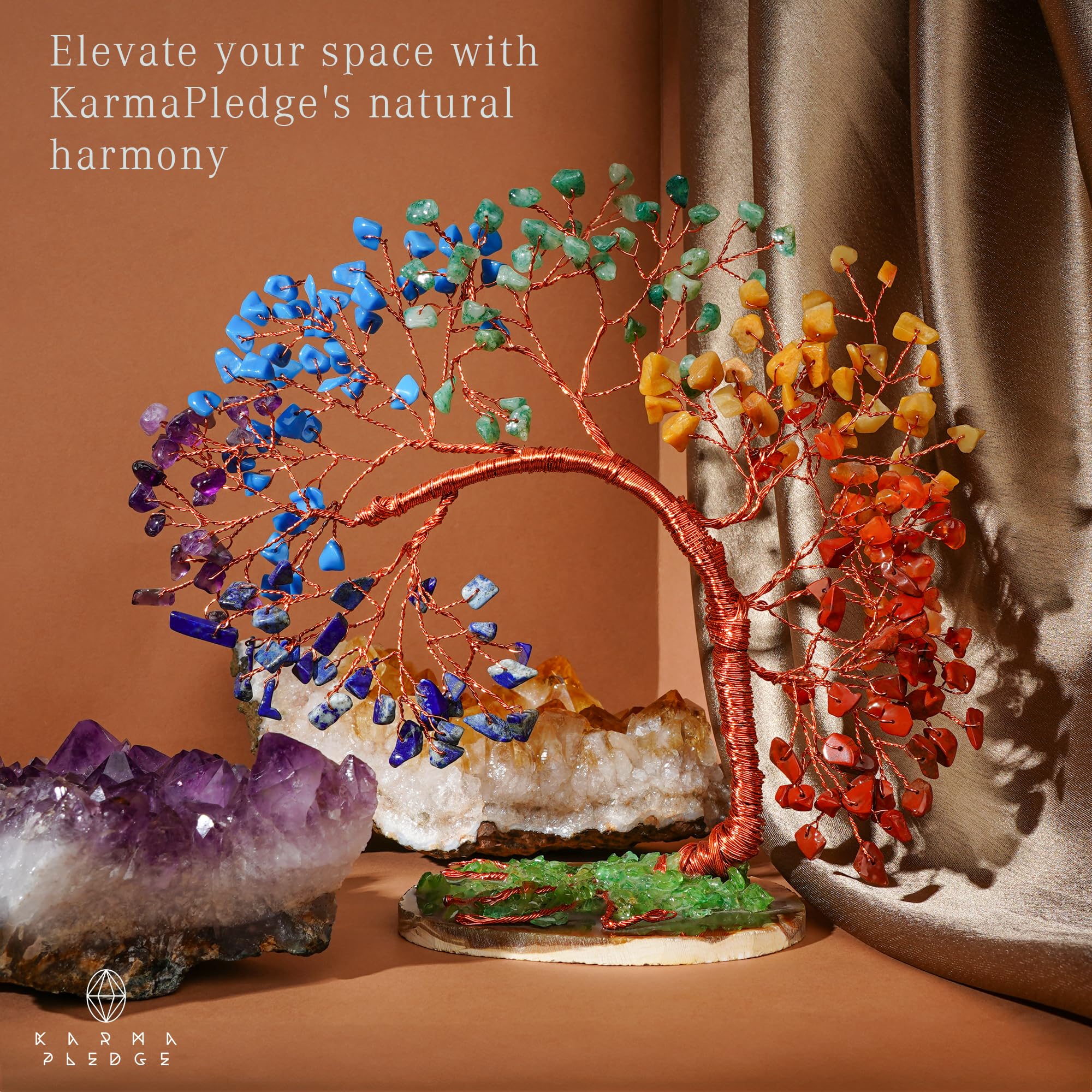 KARMAPLEDGE 7 Chakra Tree Life crystal slice base with natural texture