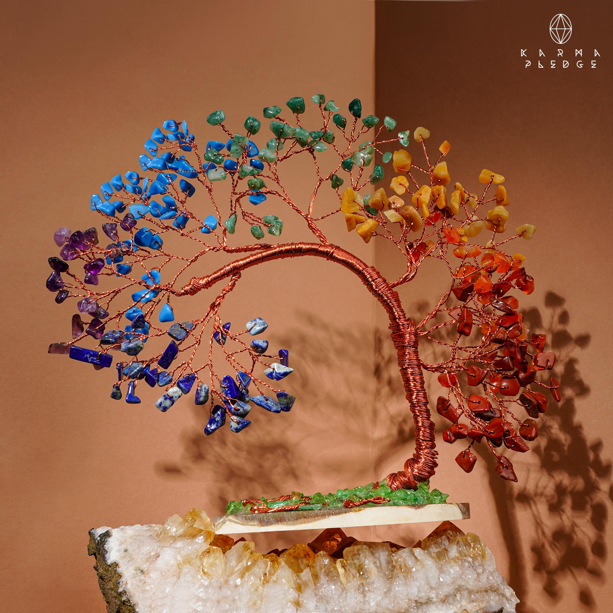 KARMAPLEDGE 7 Chakra Tree Life on shelf as decorative energy centerpiece