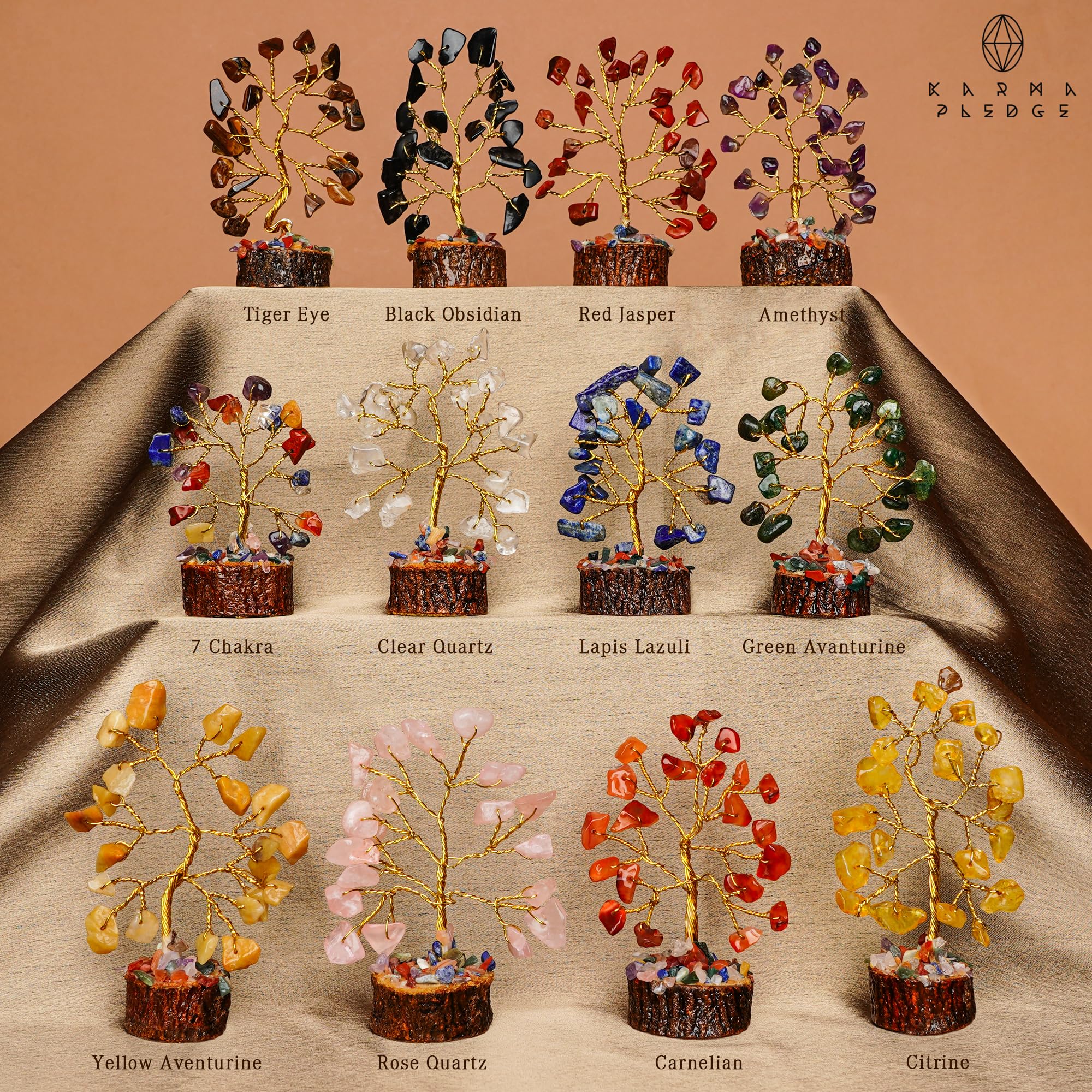 KARMAPLEDGE crystal tree with 7 chakra beads close-up highlights energy balance