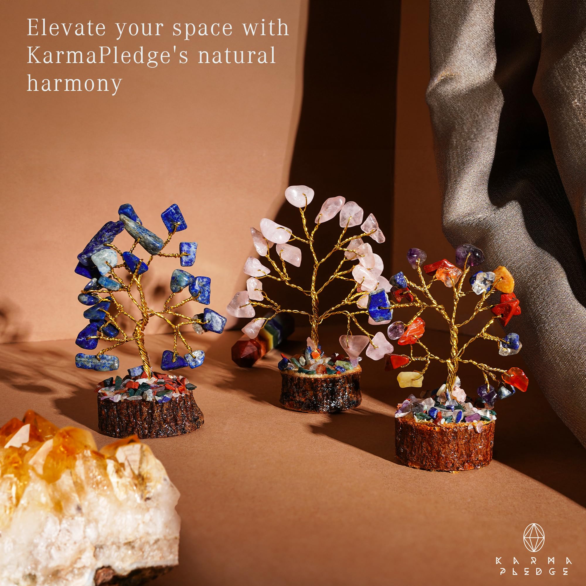 KARMAPLEDGE crystal tree on office shelf inspires mindful workspace