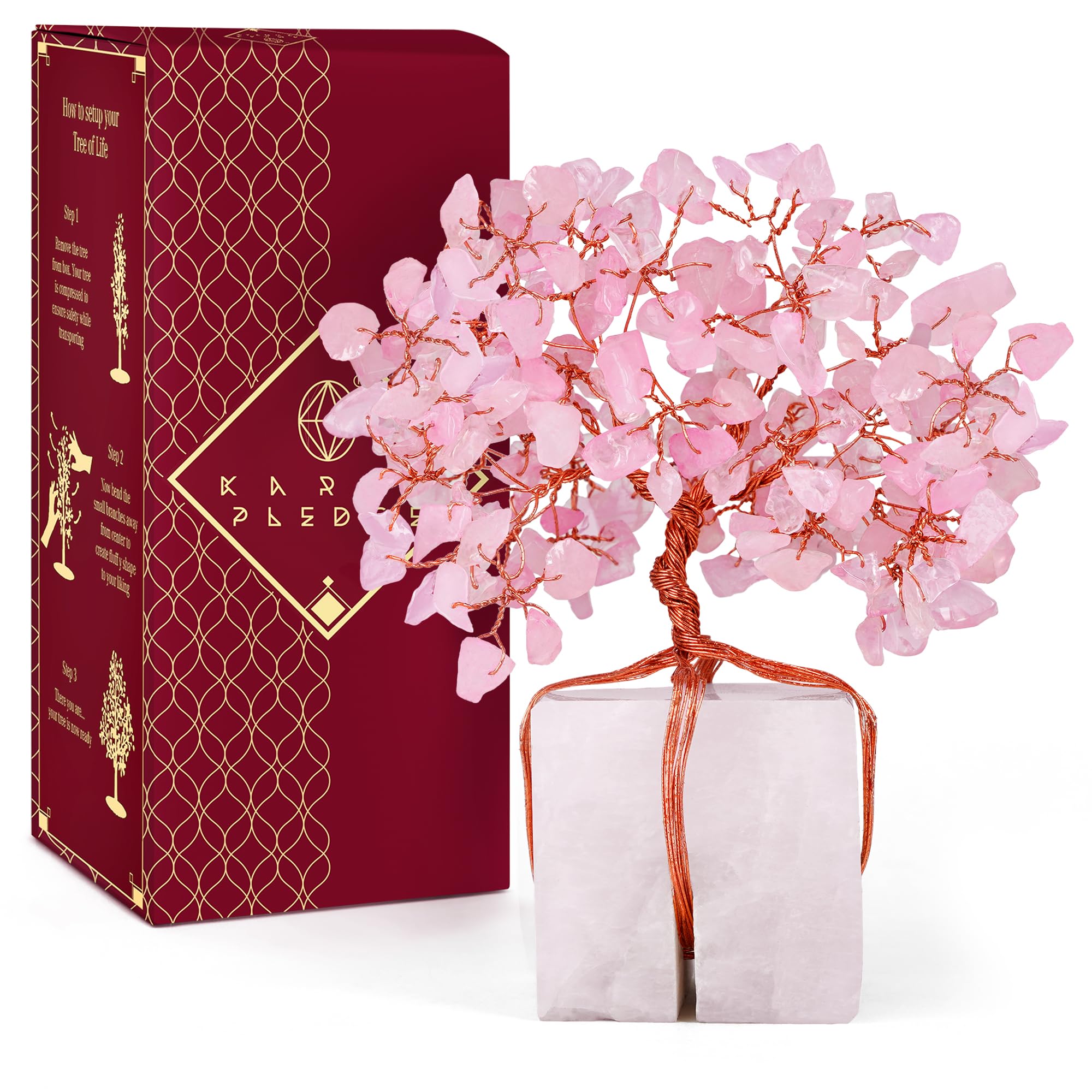 KARMAPLEDGE Rose Quartz Tree of Life base enhances harmony and calm in any room