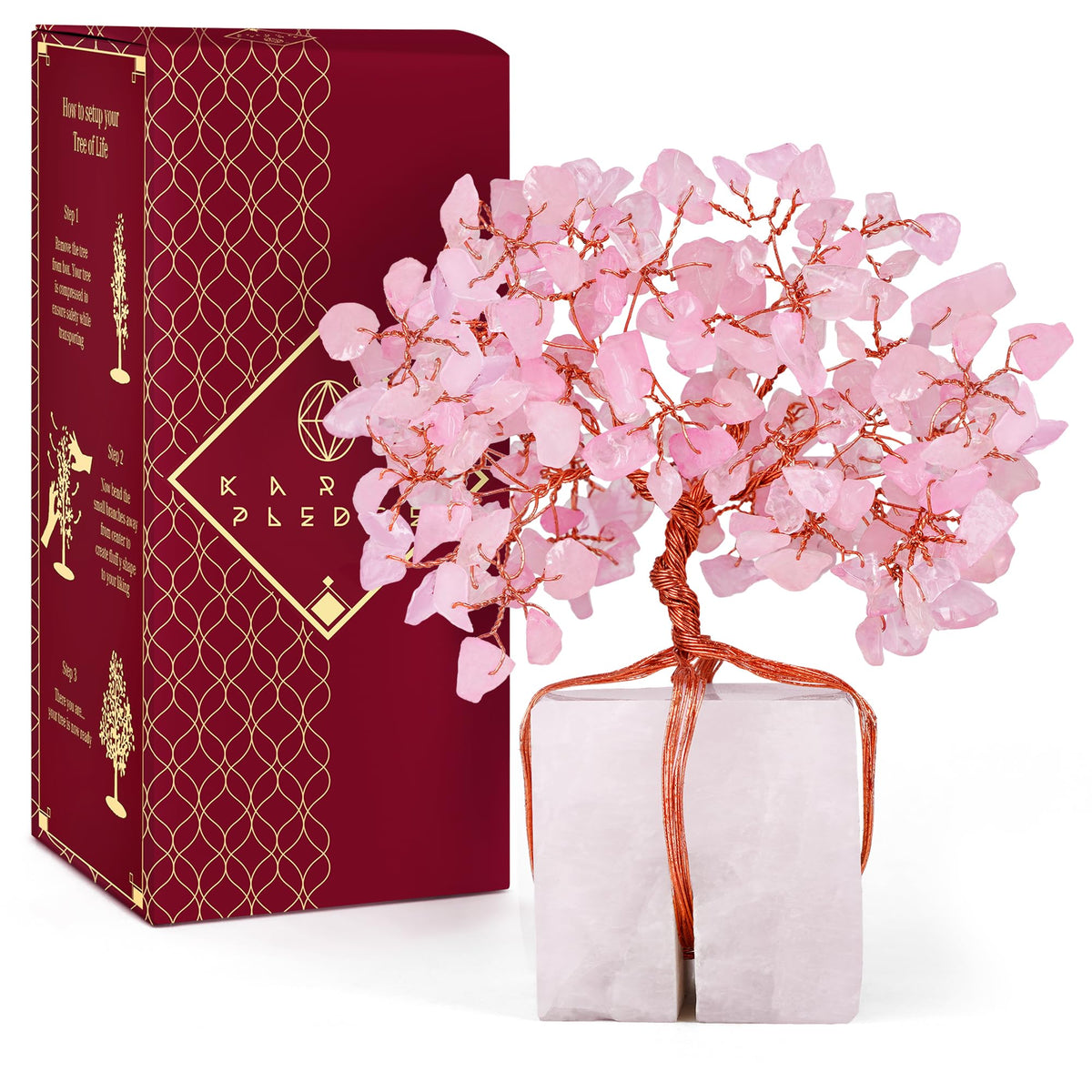KARMAPLEDGE Rose Quartz Tree of Life base enhances harmony and calm in any room