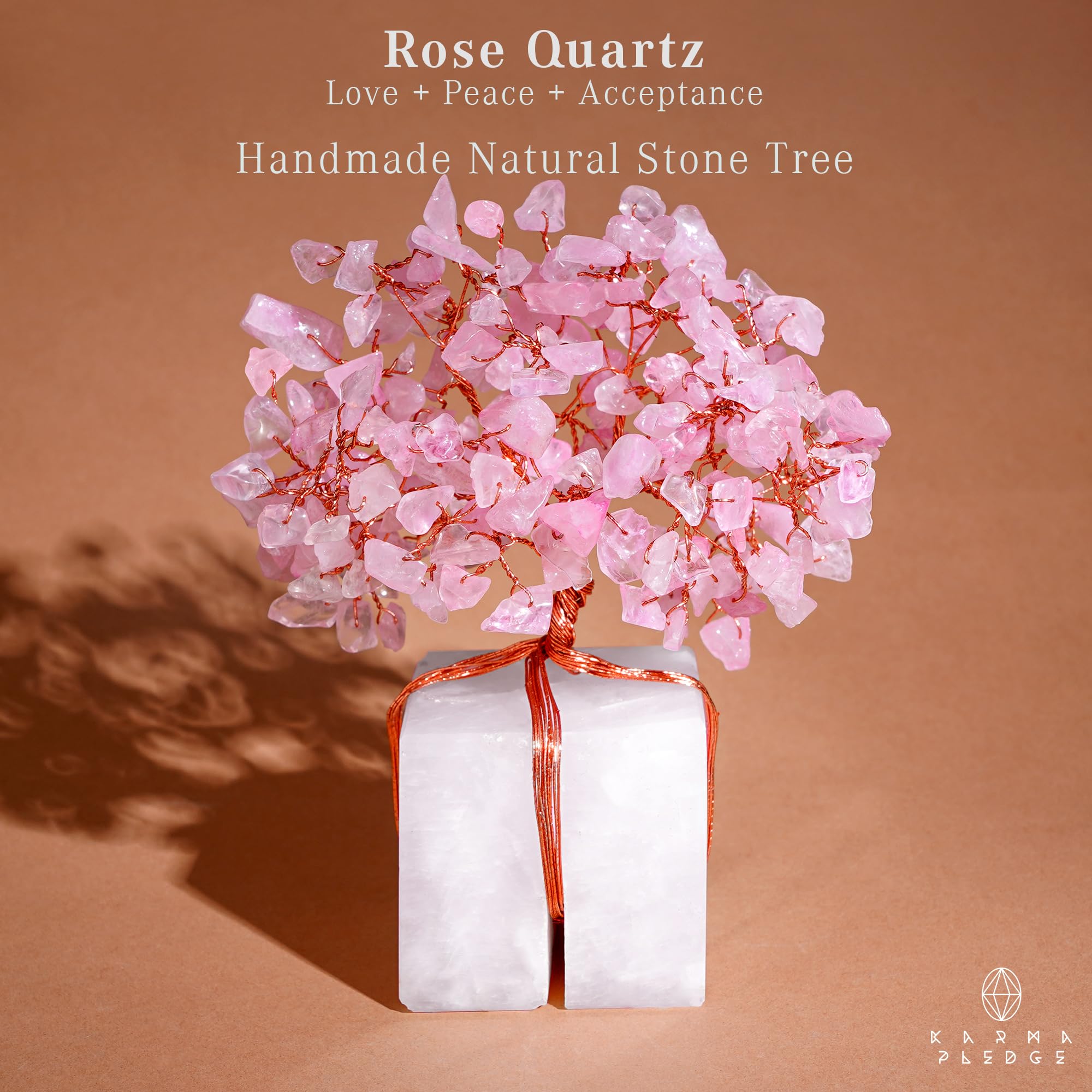 KARMAPLEDGE Rose Quartz Tree branch detail shows delicate crystal strands for tranquil energy