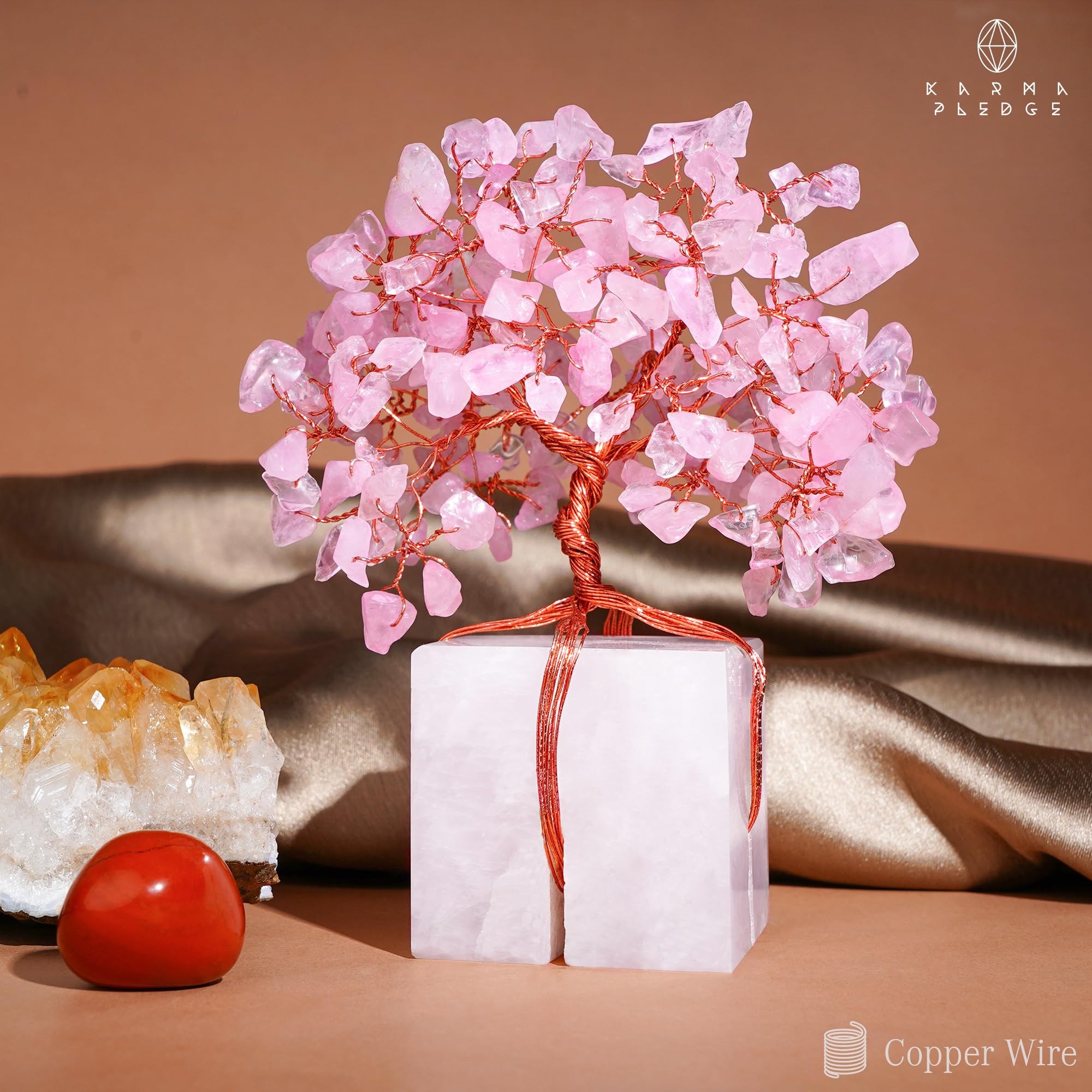 KARMAPLEDGE Rose Quartz Tree stands 4-6 inches tall for versatile home or office display