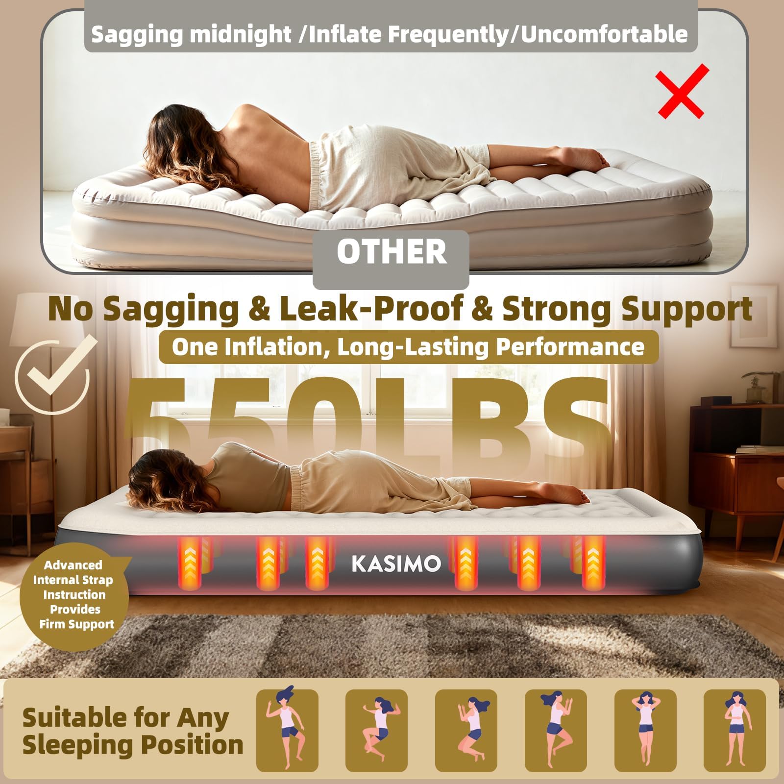 KASIMO twin air mattress built-in pillow for added head support