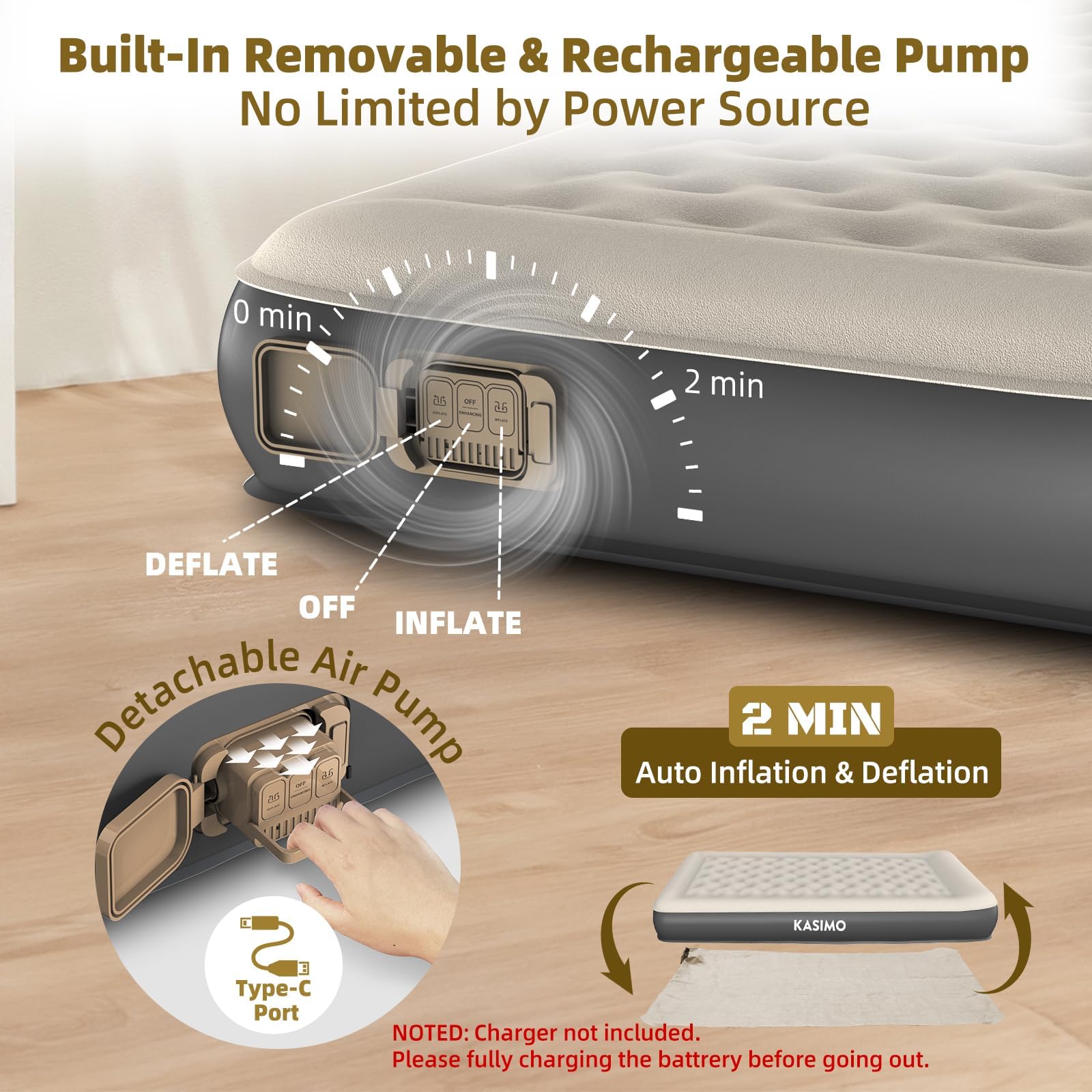 KASIMO twin air mattress internal strap system for stable support