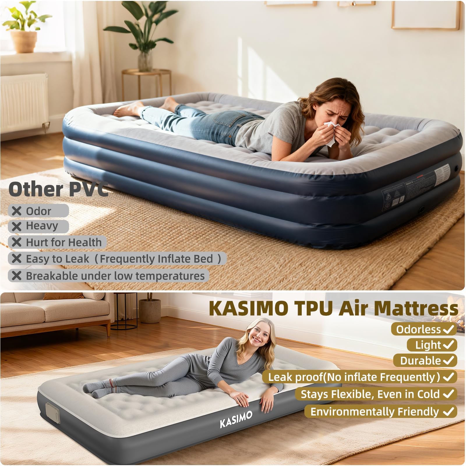 KASIMO air mattress suede fabric surface for soft comfort