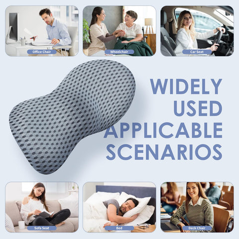 Kasney pillow works on car seats and beds for relief.