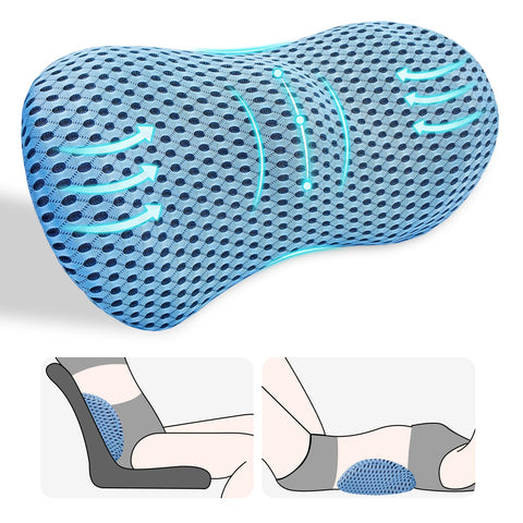 Kasney lumbar support pillow front view shows breathable mesh and ergonomic shape for comfort.