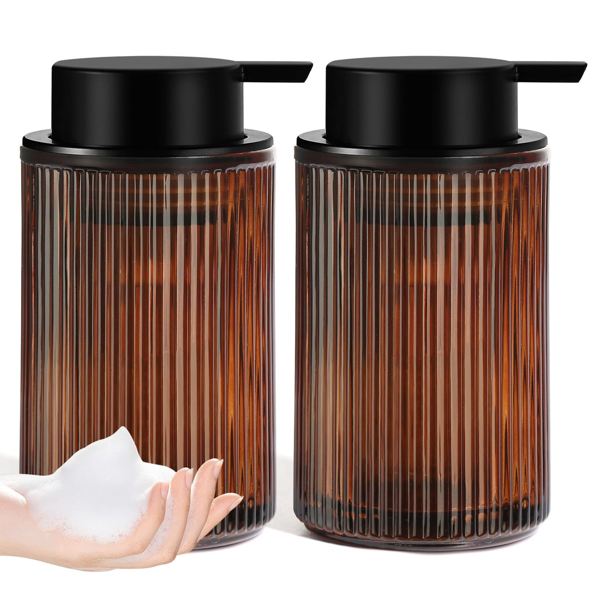 Kasunting amber glass foaming soap dispenser adds chic bathroom decor and easy dosing.
