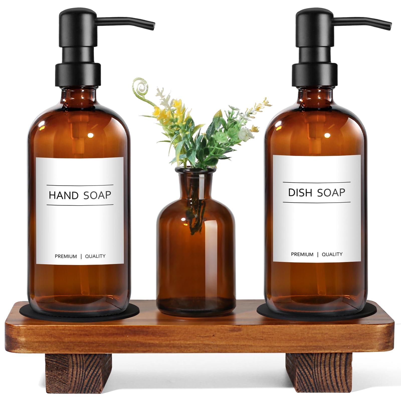 Kasunting amber glass soap dispenser with pump enhances kitchen elegance.