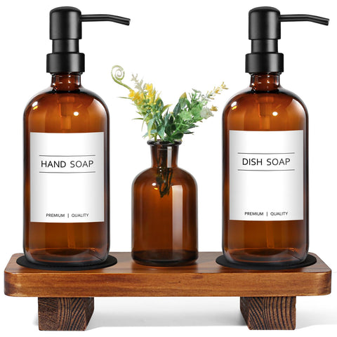 Kasunting amber glass soap dispenser with pump enhances kitchen elegance.