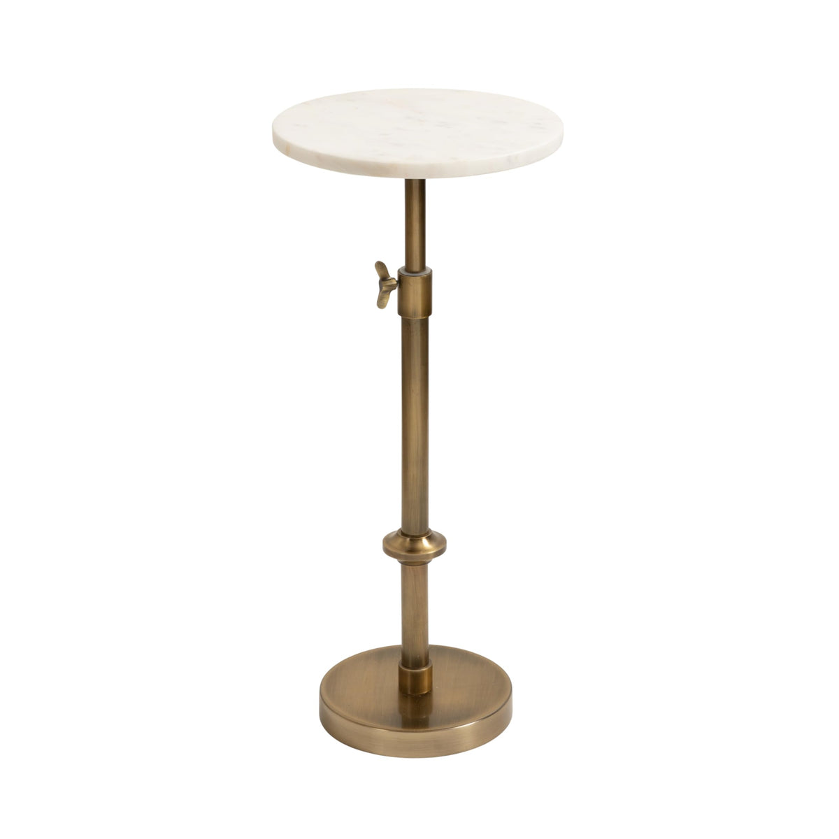 Kate and Laurel Engles marble top pedestal table beside sofa, offering a refined surface.