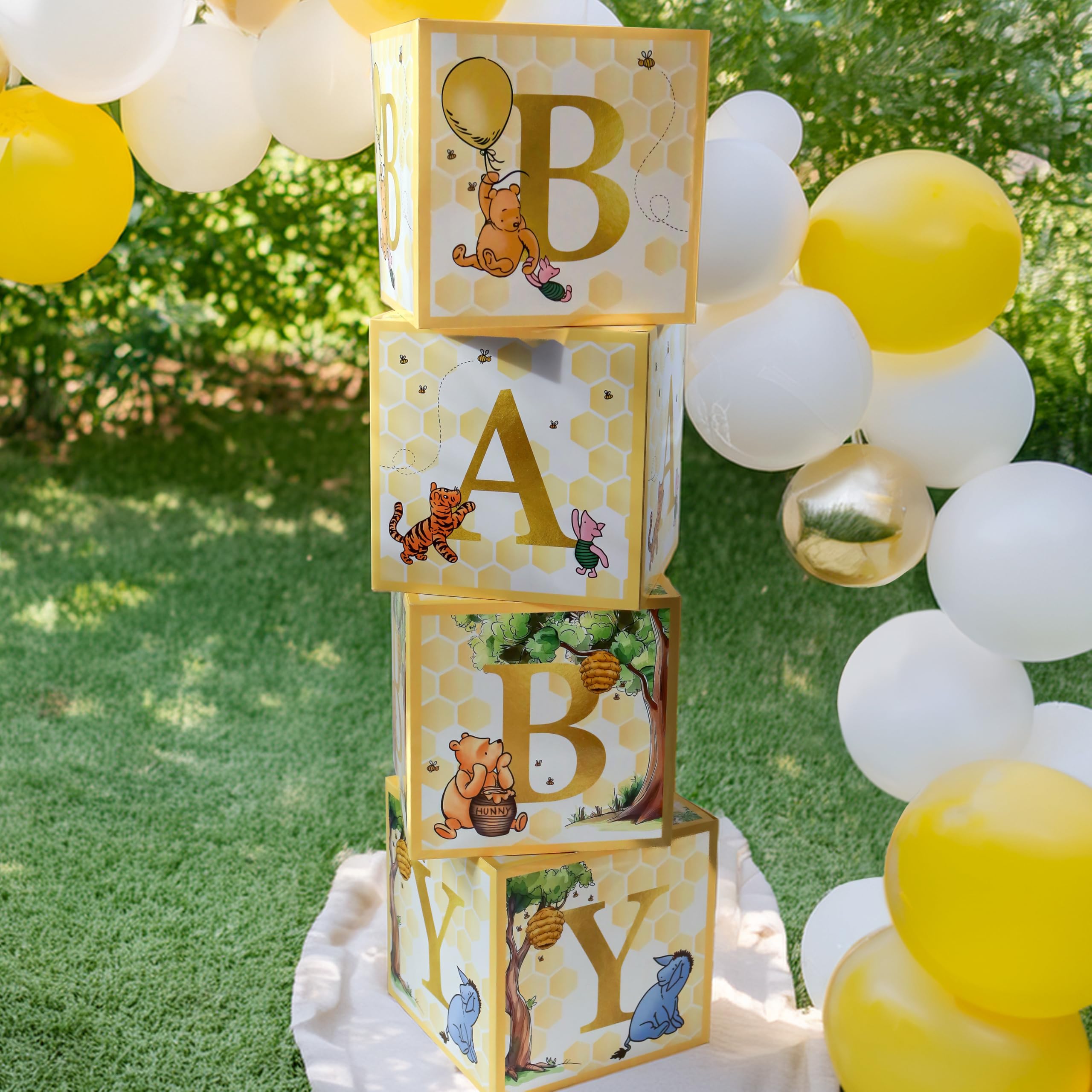 Kate Aspen A Little Honey Is On The Way Winnie baby boxes display B-A-B-Y in gold for decor