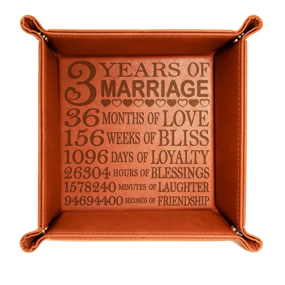 Kate Posh 3-year marriage engraved leather catchall tray keeps essentials organized.