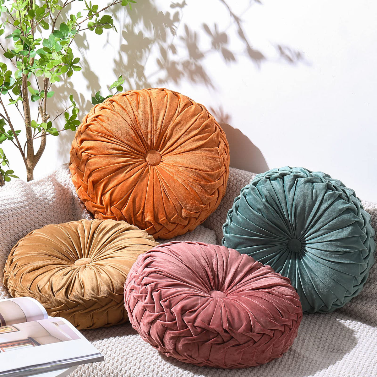 Kathfly pumpkin pleated throw pillow in orange coffee color for cozy seating.