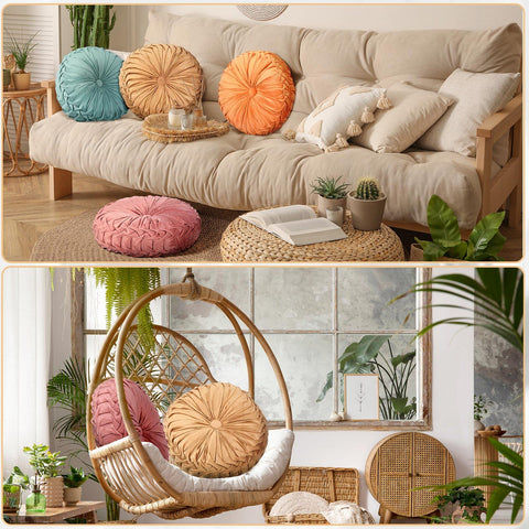 Kathfly round velvet pillow used on sofa for decorative comfort.