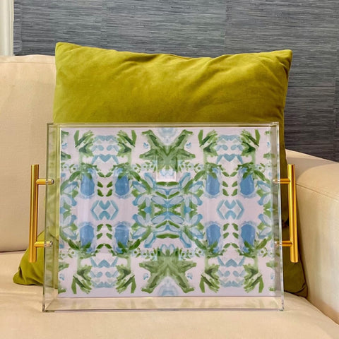 Katie Romeo Designs 11x14 serving tray shown on a coffee table for scale.
