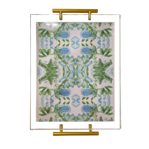Katie Romeo Designs acrylic tray with watercolor greens and blues for centerpiece display.