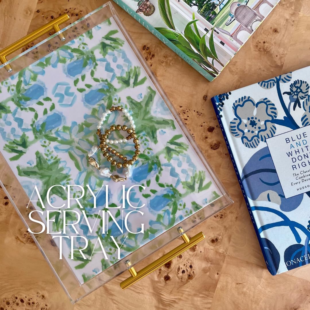 Katie Romeo Designs acrylic tray with gold handles adds luxe detail and easy transport.