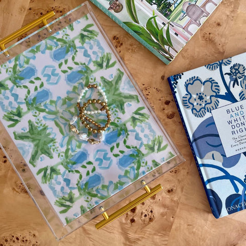 Katie Romeo Designs bathroom organizer tray in clear acrylic for tidy spaces.