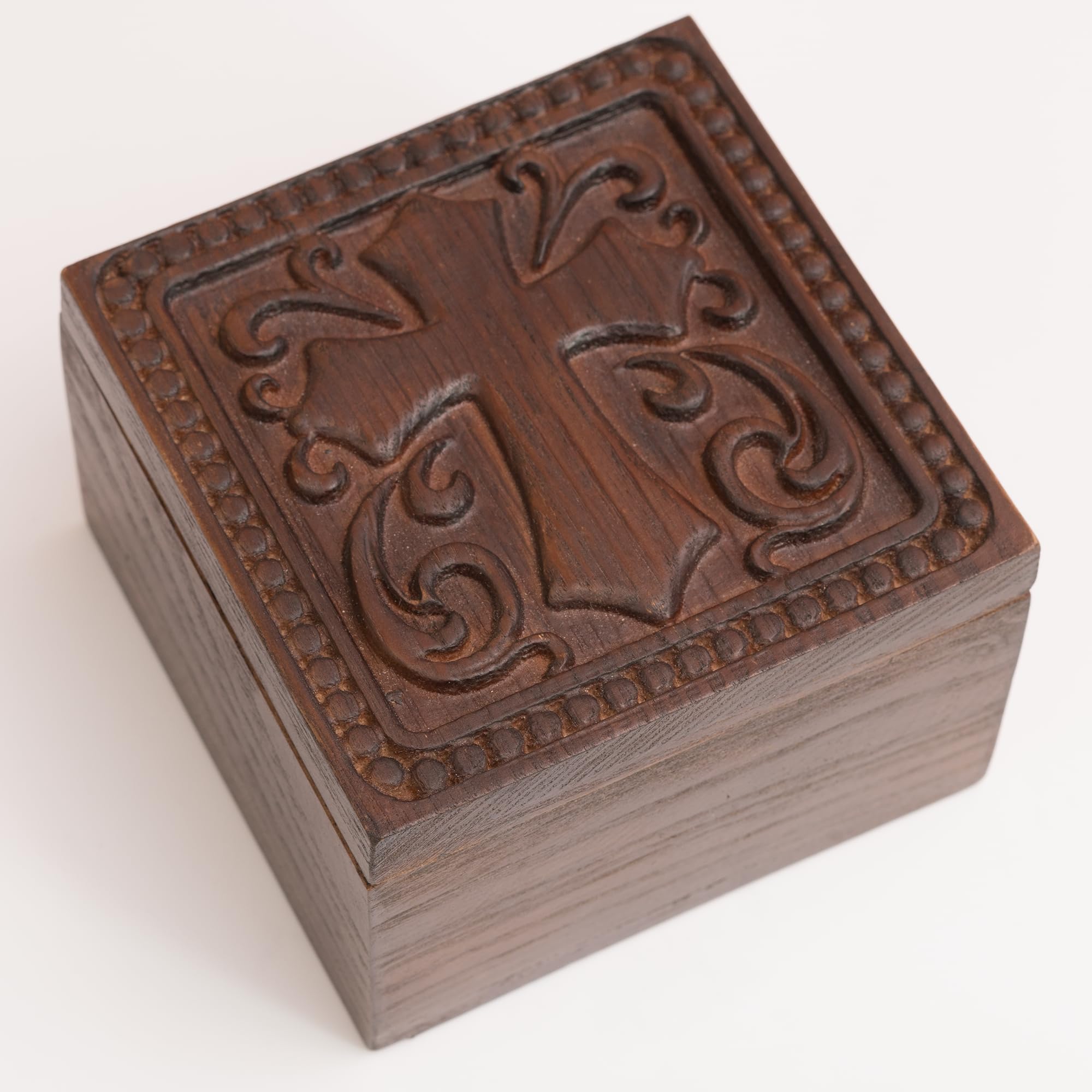 KATINAT hand carved cross keepsake box with ornate relief ideal for rosaries and sacred keepsakes.