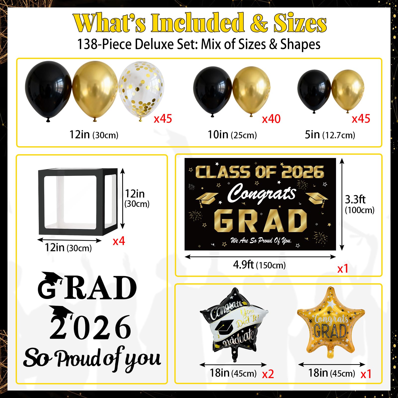KaTiSeMo 12-inch latex balloons add classic black and gold charm.