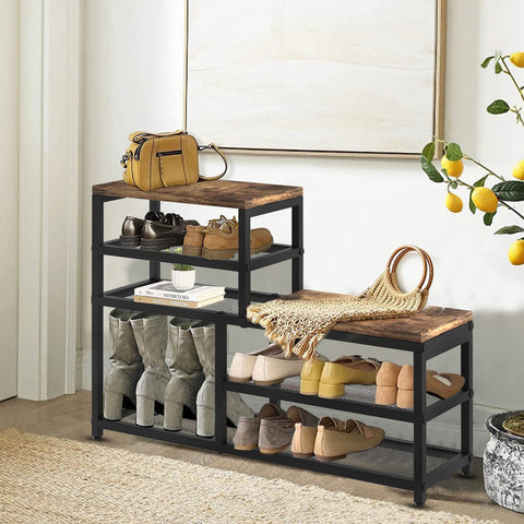 Katrawu brown shoe rack bench side view highlighting sturdy steel frame.