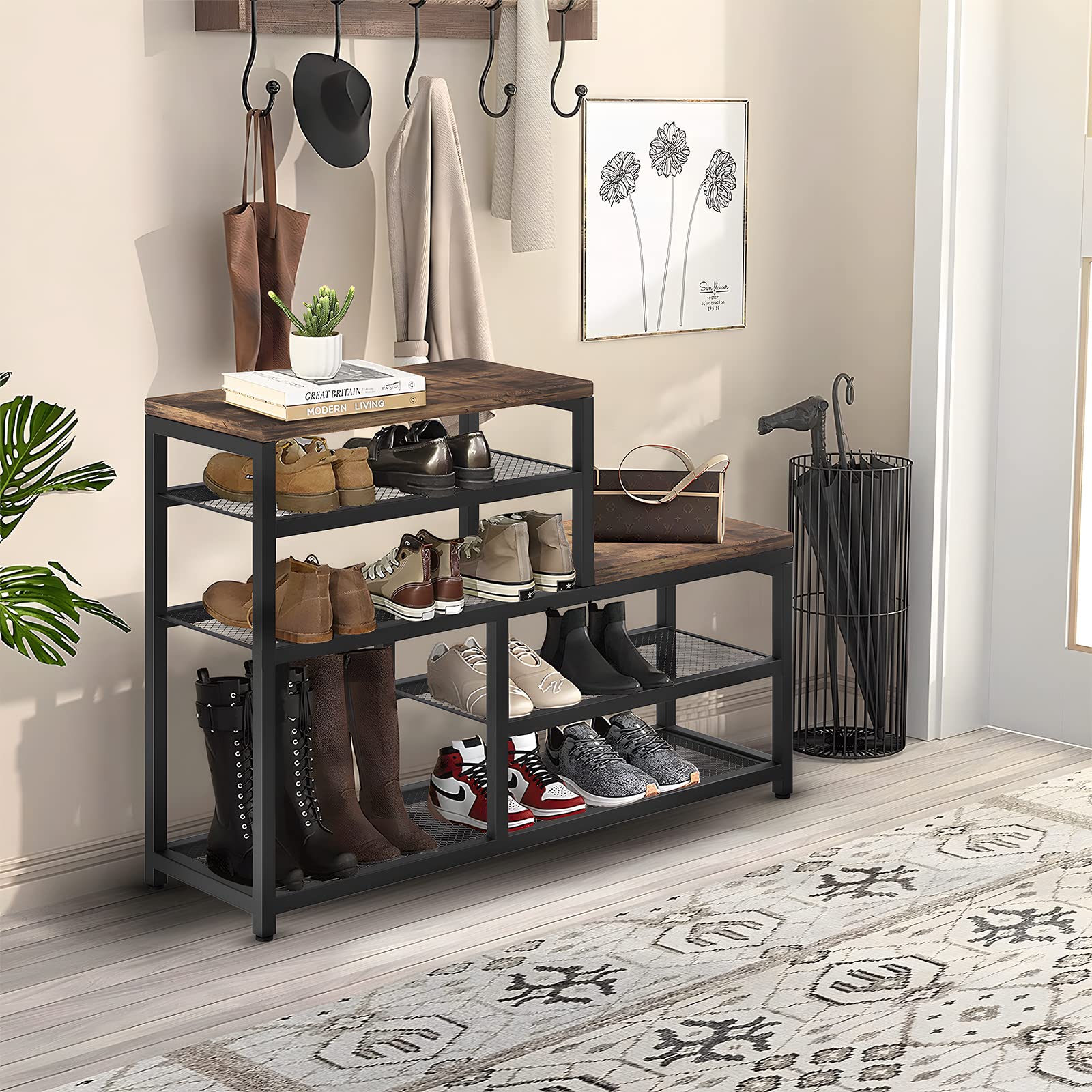 Katrawu brown shoe rack bench tall compartment for boots.