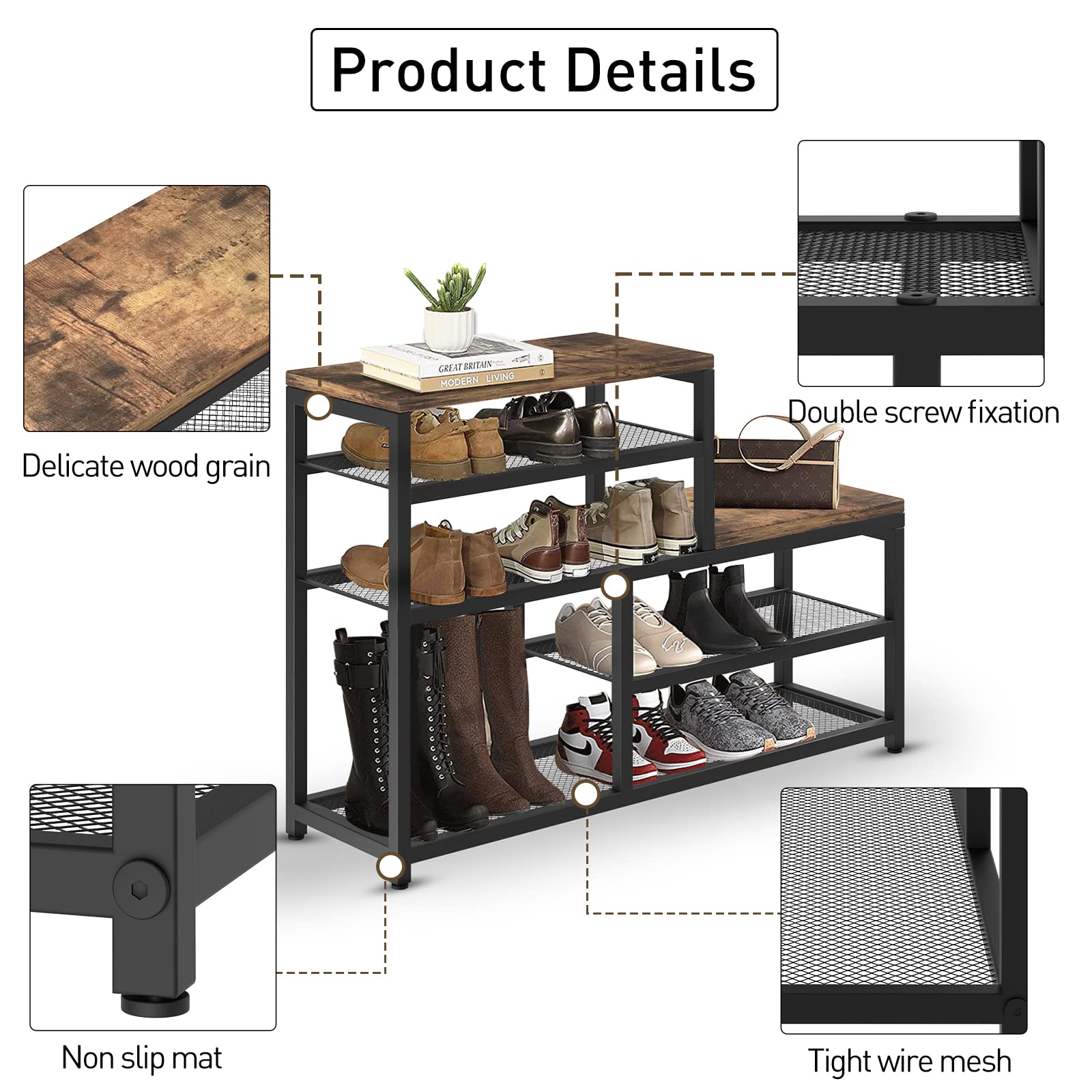 Katrawu brown shoe rack bench top surface for boxes and keys.