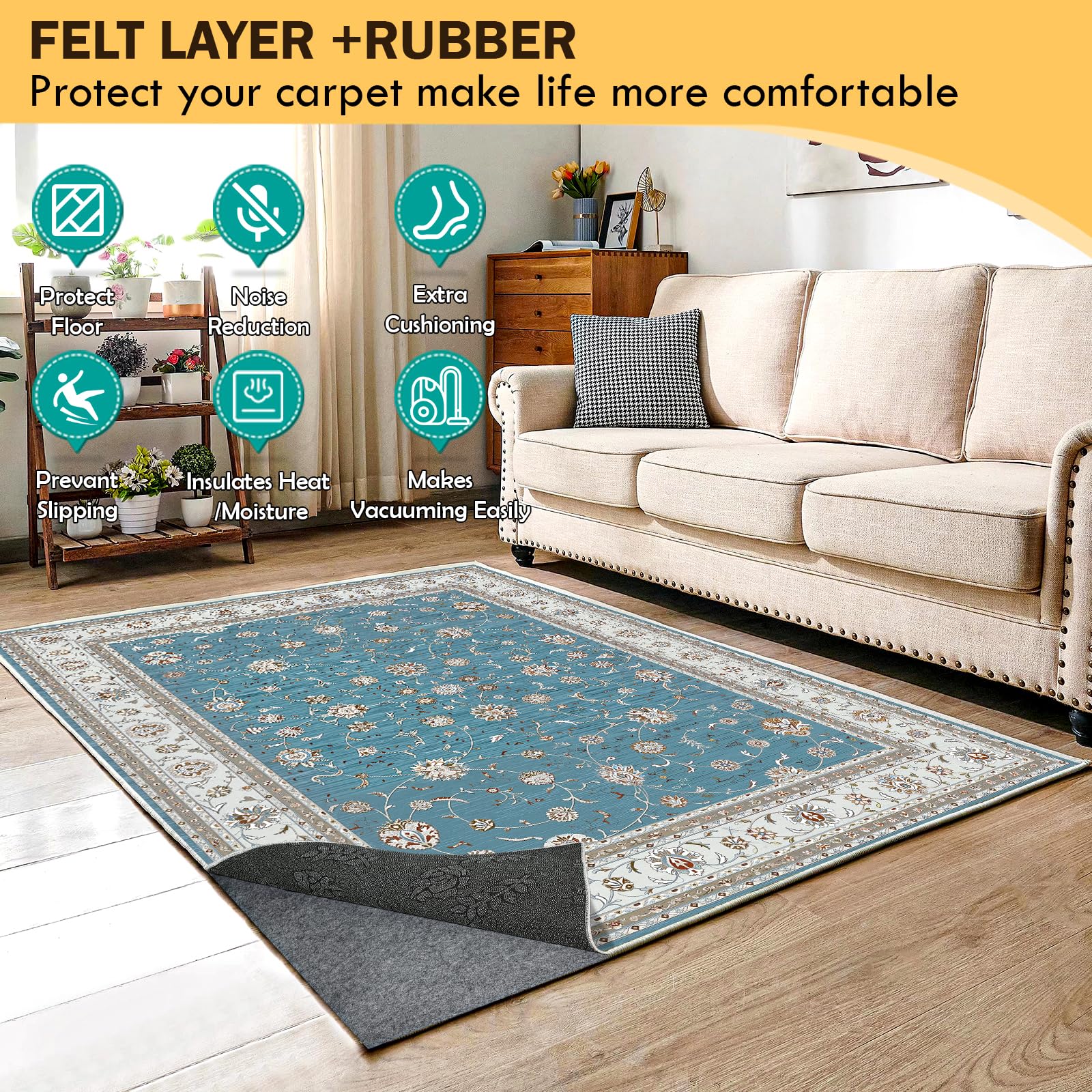 Kautudrum rug pad with felt top texture provides secure rug grip