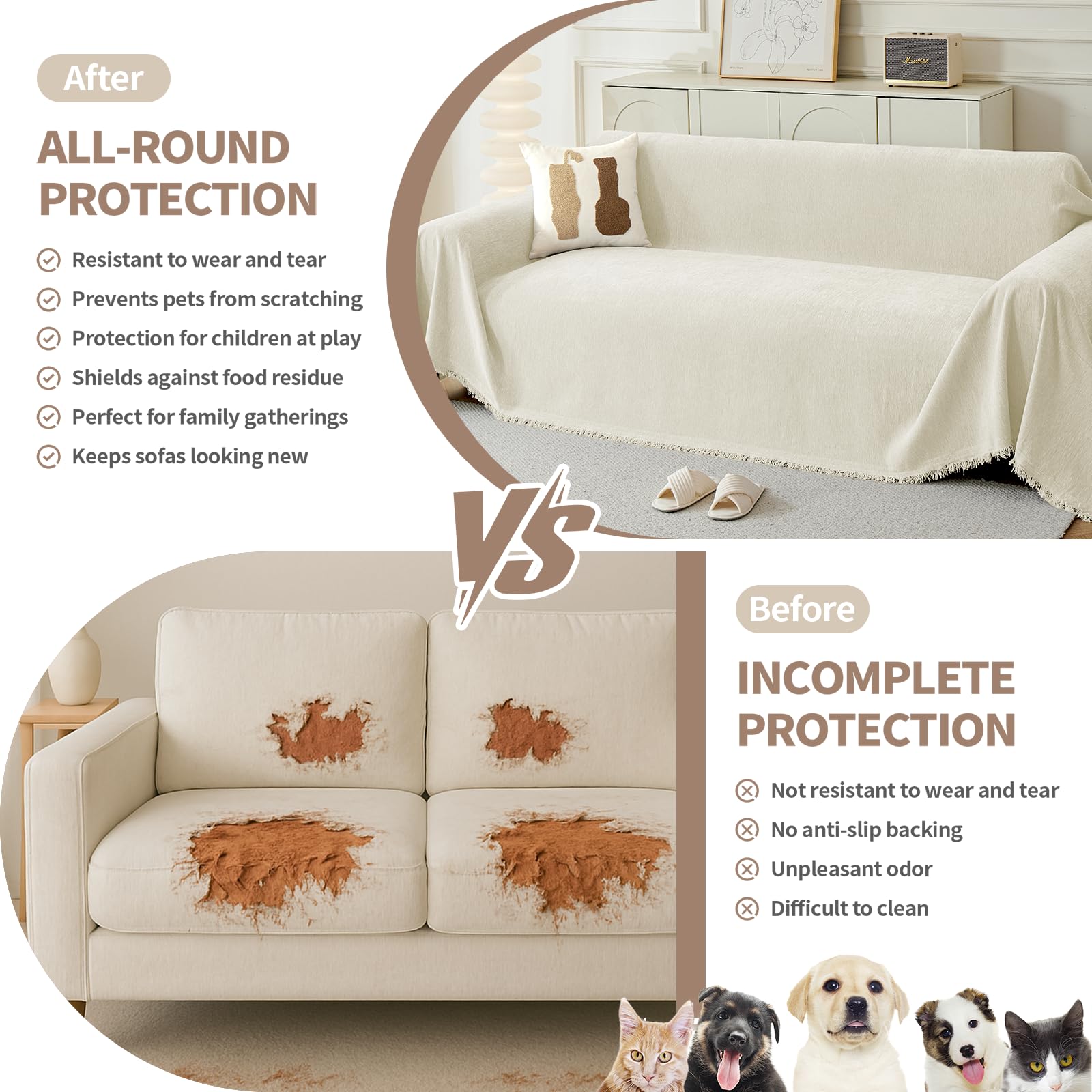 KaviKon three-cushion sectional cover demonstrates full sofa protection.