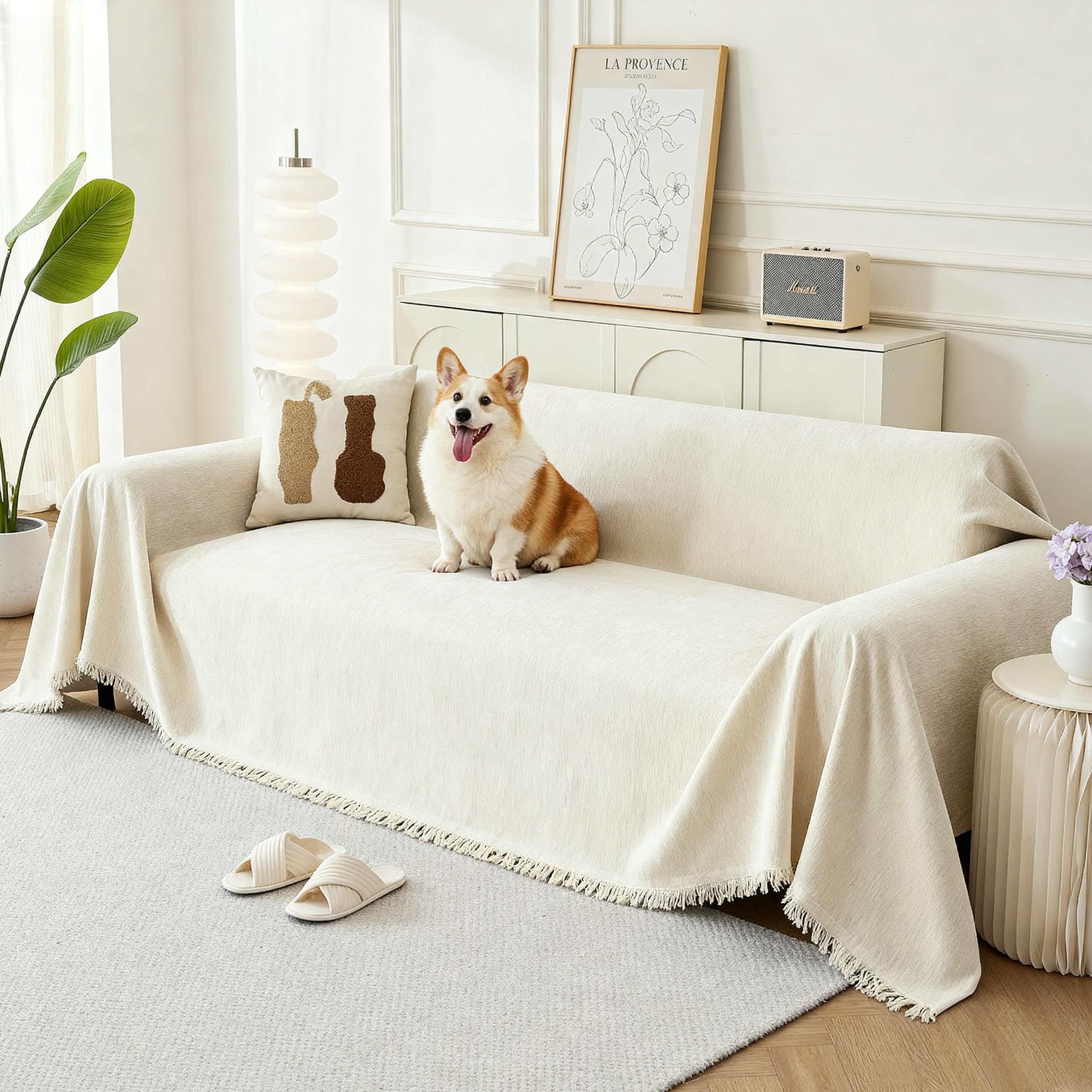KaviKon couch cover for dogs cream chenille close-up shows soft texture and protection.