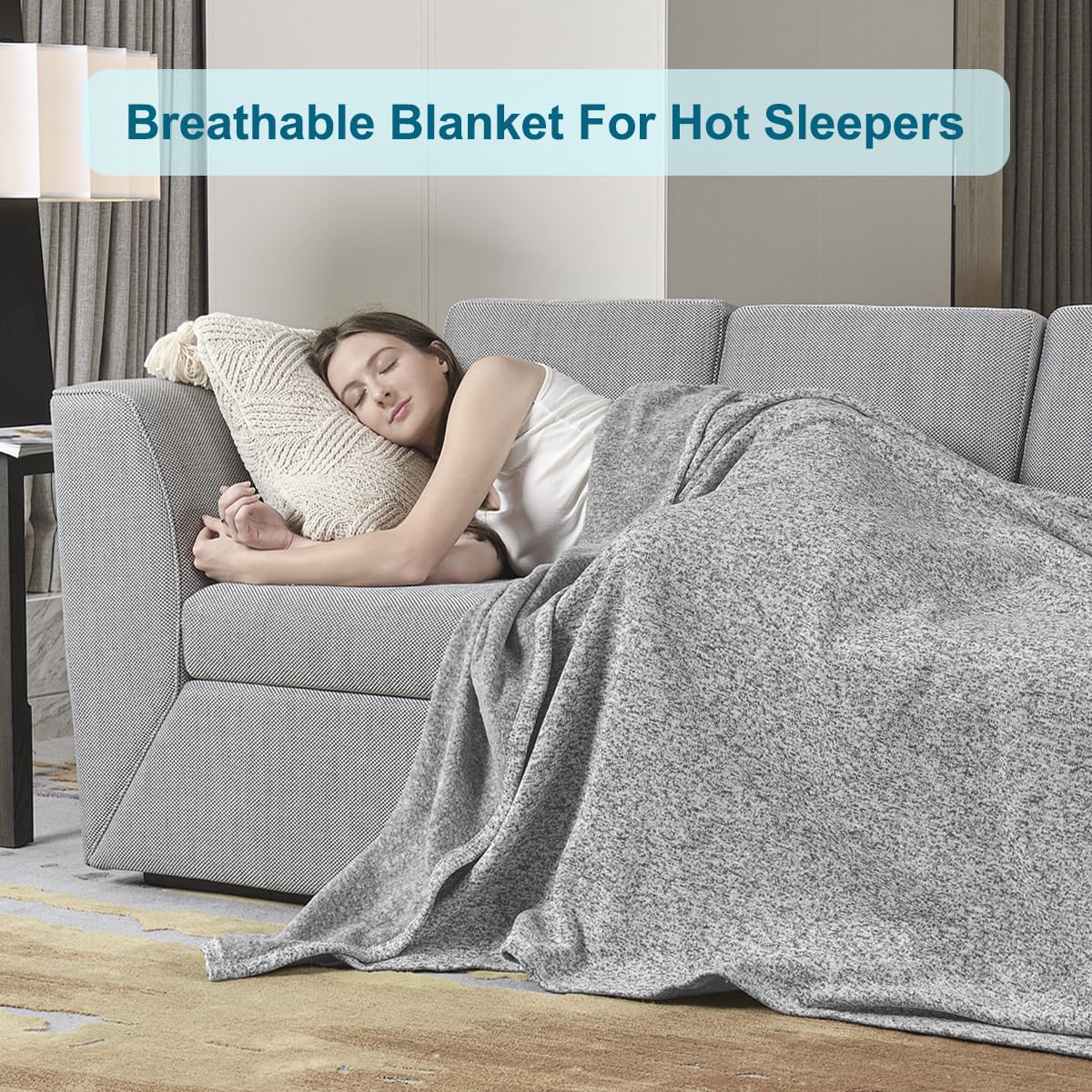 KAWAHOME Sweatshirt Blanket in light AC room demonstrates lightweight warmth