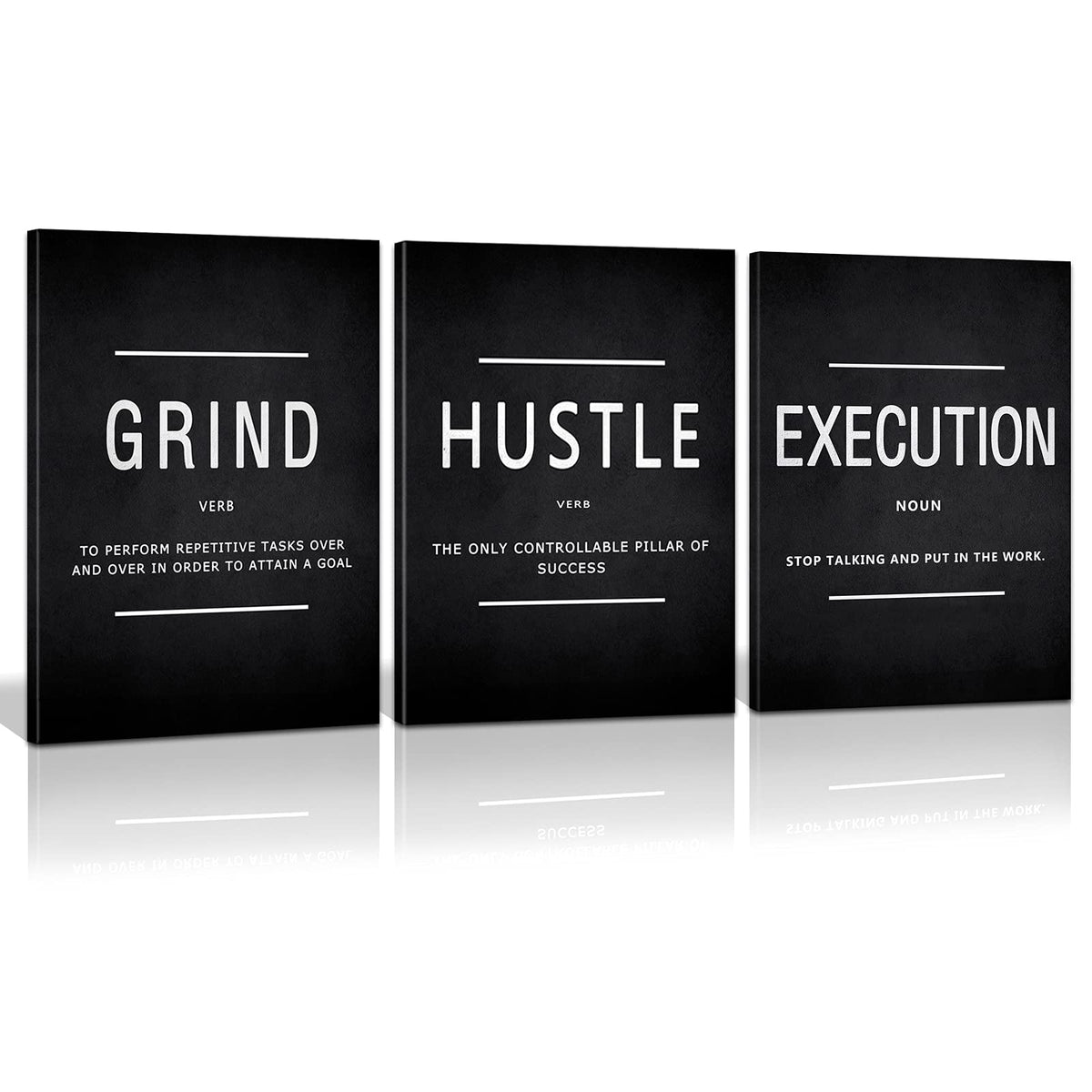 KAWAHONE Grind Hustle three-panel canvas for a motivating living room.