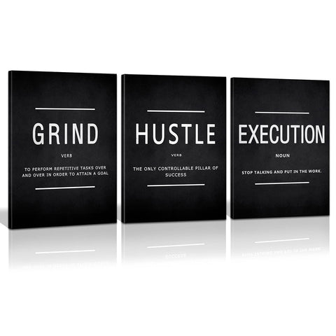 KAWAHONE Grind Hustle three-panel canvas for a motivating living room.
