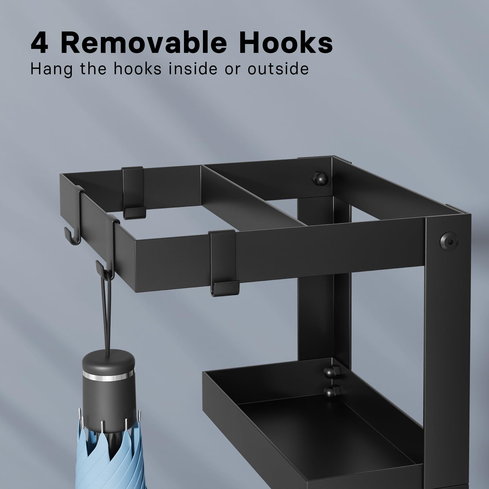 Kawaiita umbrella stand with four hooks for hanging folding umbrellas near the entry.