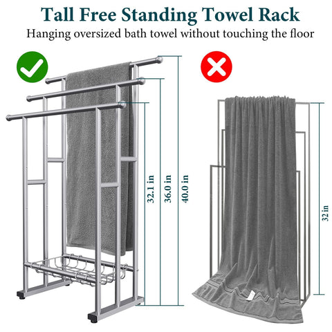 Kayfia 3-tier towel rack side view with storage basket for organization