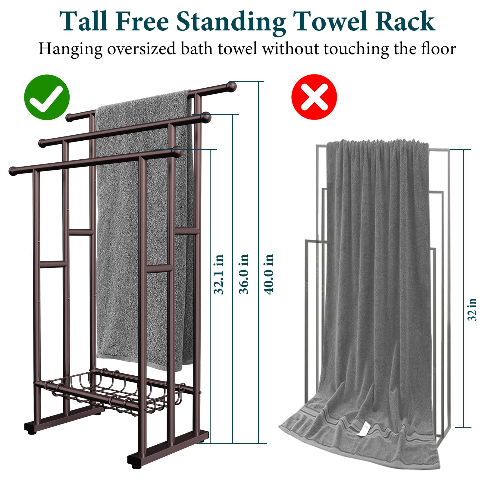Kayfia 3-tier towel rack with detachable storage basket for towels and toiletries