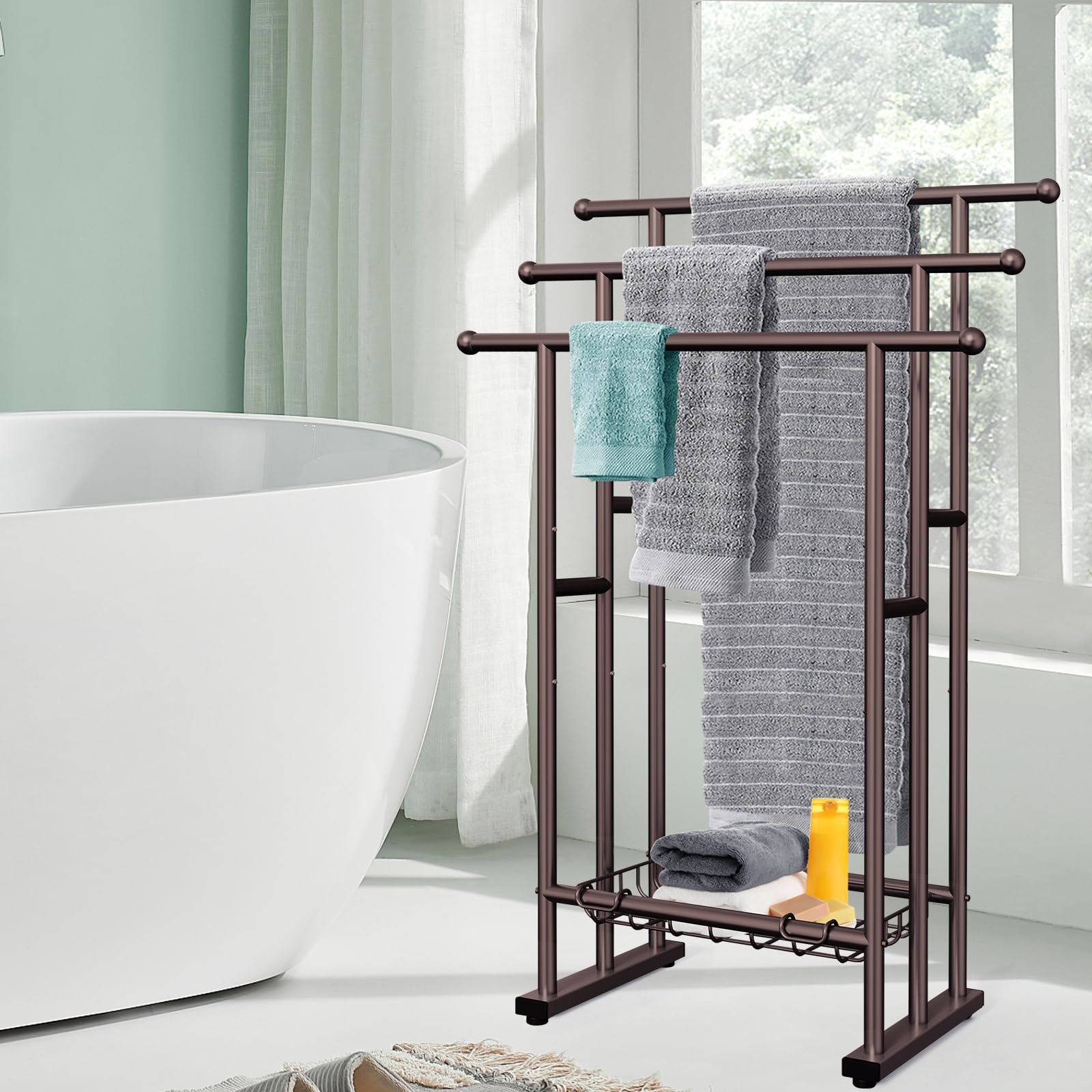 Kayfia freestanding towel rack with weighted base for easy relocation