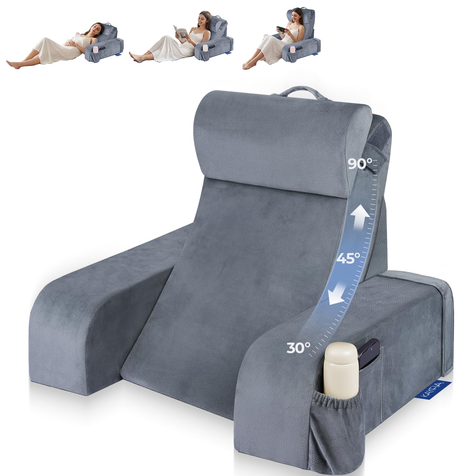 Kayfia Reading Pillow shows 30-90° angle adjustment for customizable comfort.