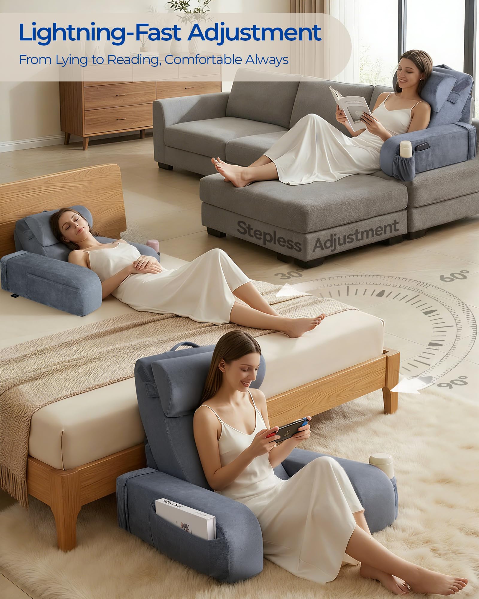 Kayfia Reading Pillow with detachable armrests supports comfortable hands during tasks.