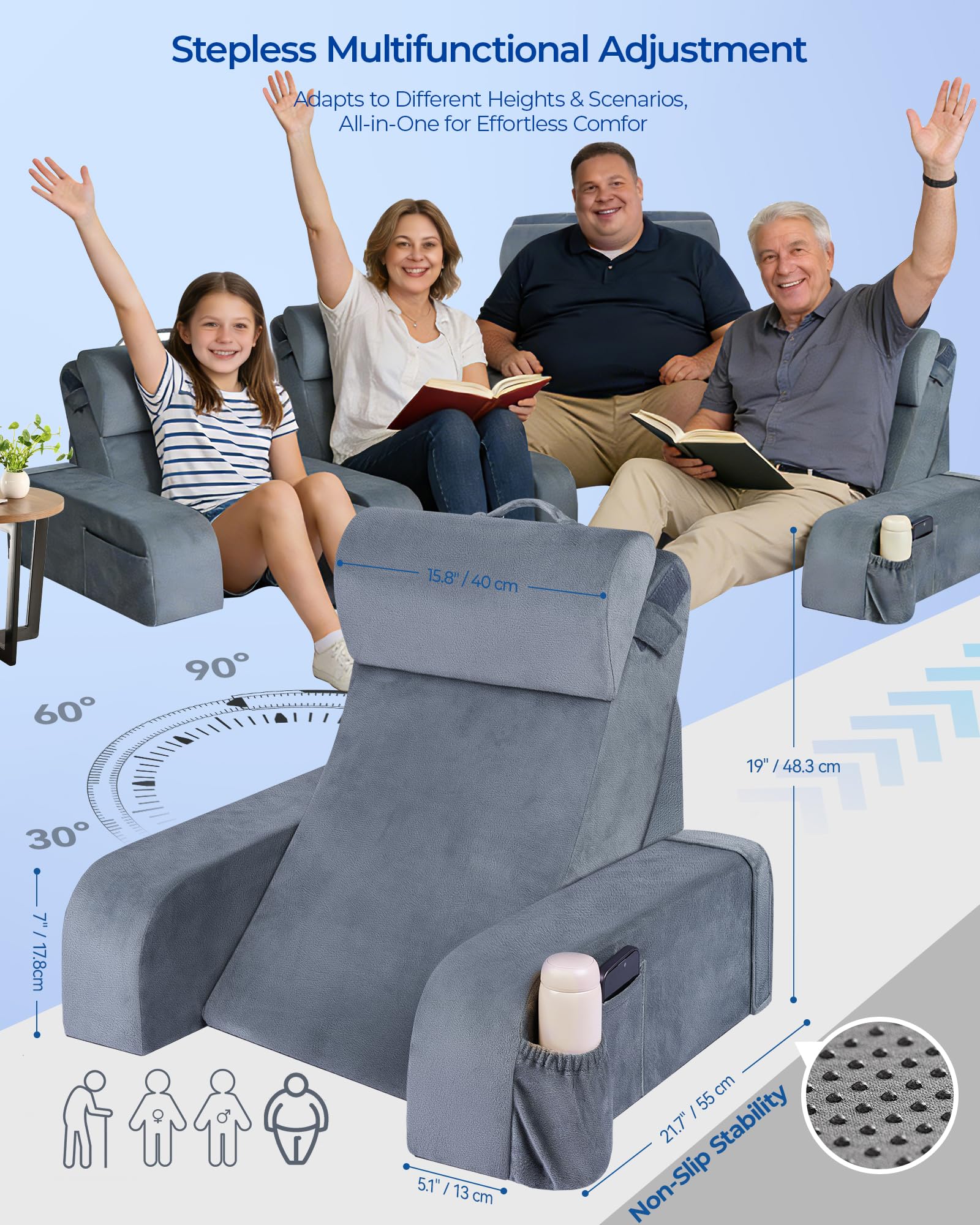 Kayfia Reading Pillow demonstrates telescoping height for versatile seating.
