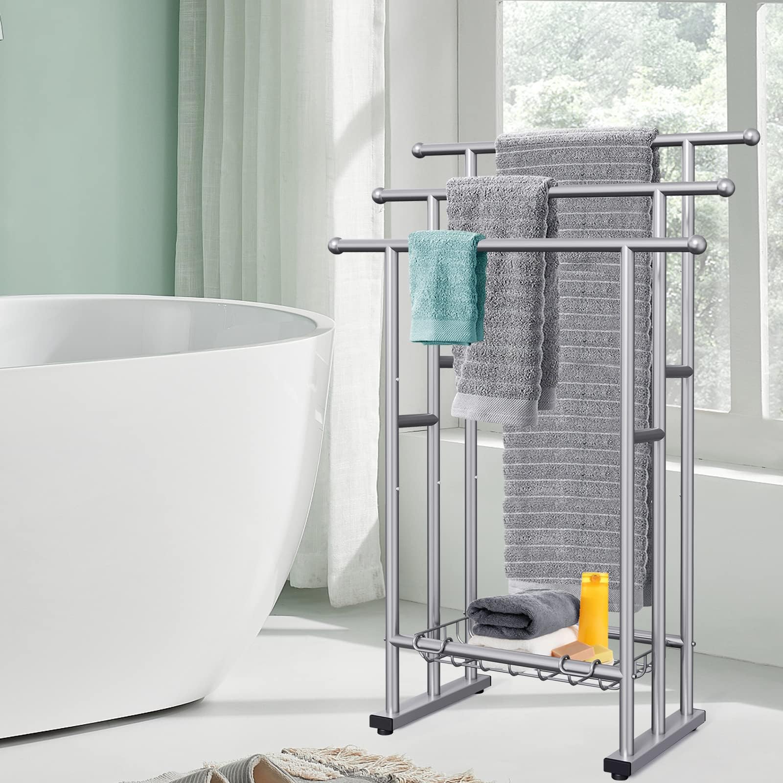 Kayfia towel rack with storage basket detail for toiletries