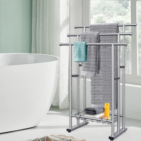 Kayfia towel rack with storage basket detail for toiletries