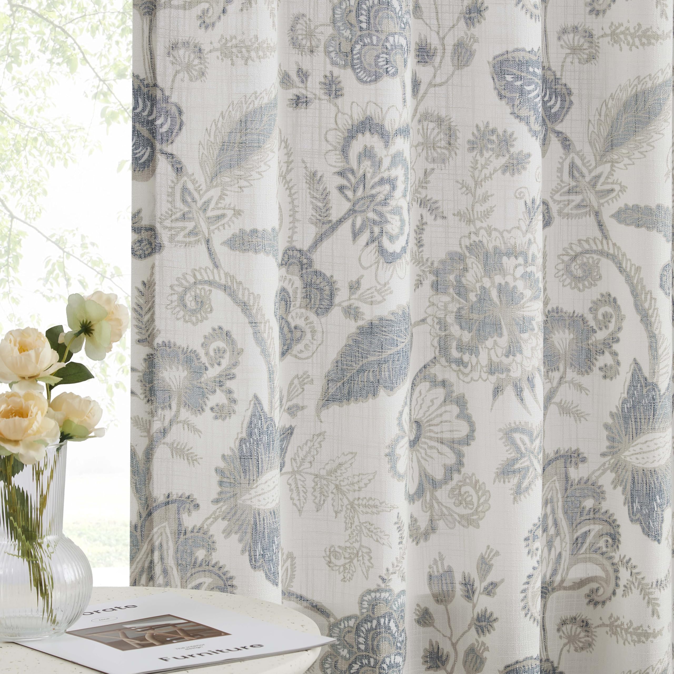 Kayne Studio Backtab Rod Pocket Jacobean floral curtains in blue-grey for versatile installation.