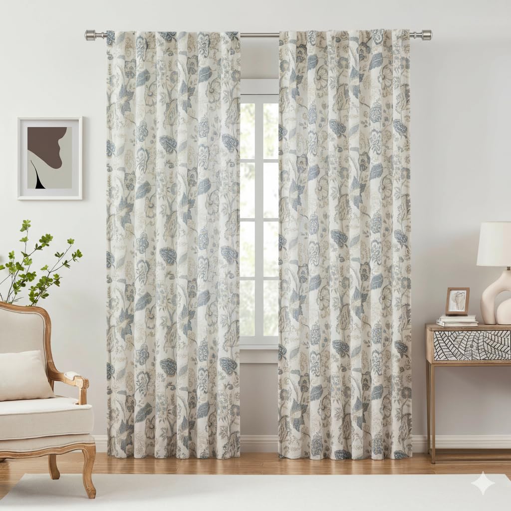 Kayne Studio Jacobean Boho floral print curtains in blue-grey add vintage charm.