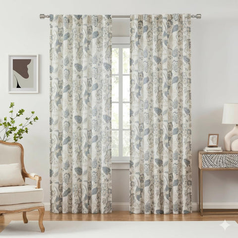 Kayne Studio Jacobean Boho floral print curtains in blue-grey add vintage charm.