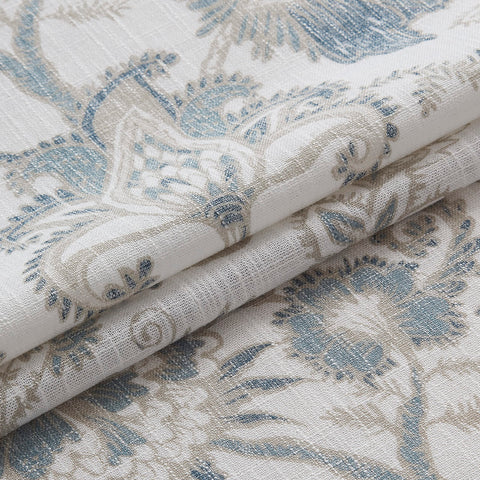 Kayne Studio seaside blue-tan floral drapes evoke coastal calm and color.