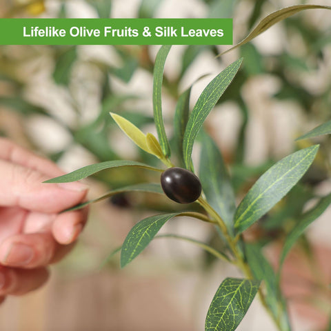 Kazeila faux olive fruits enhance realism on a tall indoor tree.